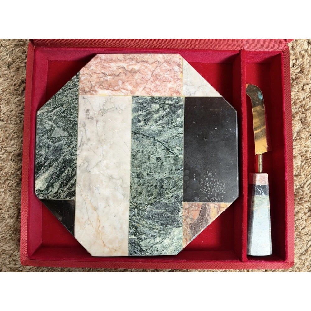 Vintage Marble Inlay Cheese Board Knife Set 9” Multicolor Stone Red Case